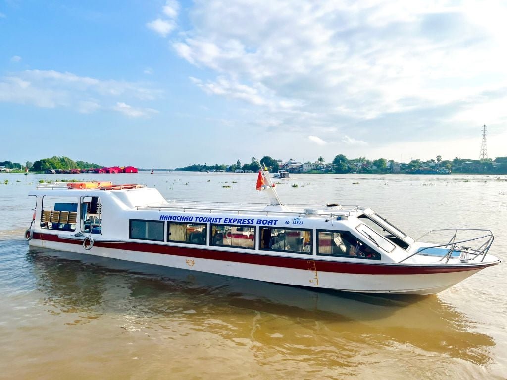 The speedboat that carries riders up the Mekong River from Chau Doc, Vietnam into Cambodia